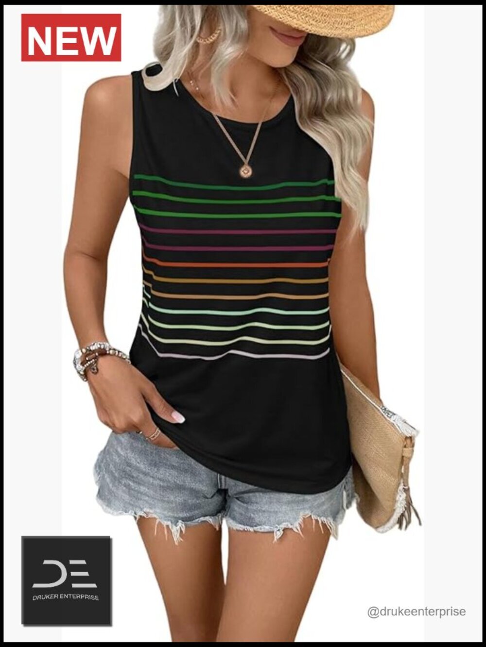 Striped Sleeveless Crewneck Tank Top Loose Fit Summer Top
